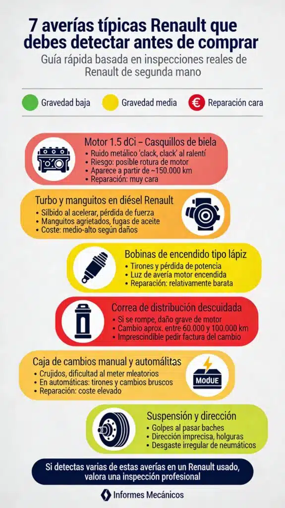 Averías Típicas Renault: Guía Completa de Fallos Comunes y Cómo Detectarlos 1 Infografía vertical que muestra las 7 averías típicas de Renault usados: problemas del motor 1.5 dCi con casquillos de biela, fallos en turbocompresor y manguitos, bobinas de encendido defectuosas, correa de distribución sin cambiar, caja de cambios con crujidos, problemas eléctricos y suspensión desgastada. Incluye síntomas, kilometraje de aparición y costes de reparación con código de colores por gravedad.