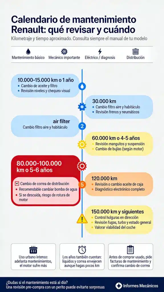 Averías Típicas Renault: Guía Completa de Fallos Comunes y Cómo Detectarlos 4 Infografía tipo timeline que muestra el calendario de mantenimiento preventivo para vehículos Renault. Incluye 6 hitos desde los 10.000 km hasta más de 150.000 km, destacando especialmente el cambio crítico de correa de distribución entre 80.000-100.000 km. Con iconos por tipo de mantenimiento: aceite, filtros, mecánica, eléctrico y distribución.