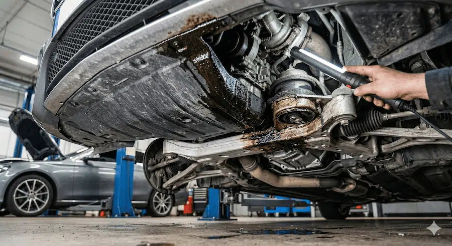 Fallos comunes en Mercedes-Benz: averías frecuentes, síntomas, causas y cómo detectarlas a tiempo 2 Vista desde los bajos de un Mercedes-Benz con motor OM651 que muestra una fuga de aceite activa; el fluido oscuro contamina el soporte hidráulico del motor y el cubrecárter, evidenciando un problema común de estanqueidad.