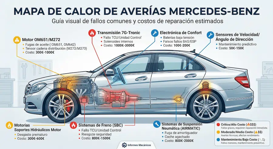 Fallos comunes en Mercedes-Benz: averías frecuentes, síntomas, causas y cómo detectarlas a tiempo 1 Infografía técnica de un Mercedes-Benz con un mapa de calor que señala los fallos comunes por colores: rojo para averías críticas en la transmisión 7G-Tronic y frenos SBC; amarillo para fallos moderados en motor OM651, soportes hidráulicos y suspensión AIRMATIC; y azul para mantenimiento de sensores y electrónica de confort.