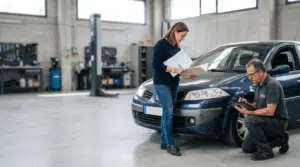 Cómo elegir un buen abogado en accidentes de coche 5 Persona revisando documentación de seguro junto a un perito mecánico inspeccionando un coche tras un accidente