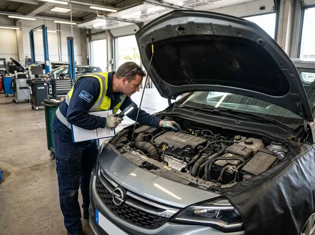 Inspección del motor de un Opel Astra de segunda mano en el taller antes de la compra