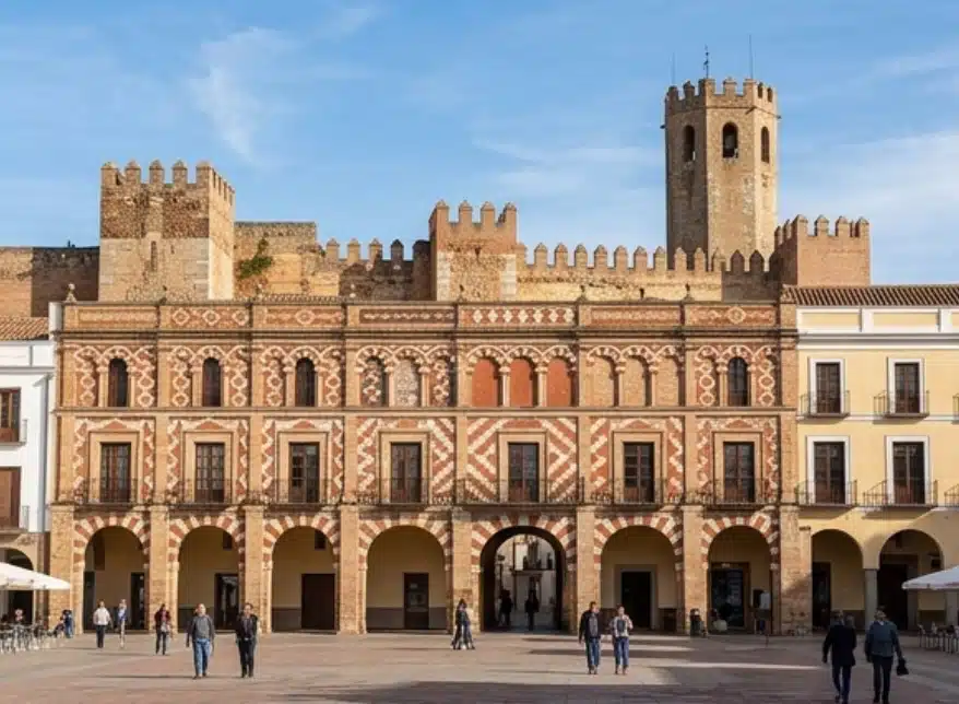 Plaza Alta de Badajoz con sus soportales y la Alcazaba al fondo, en la capital donde revisamos coches de segunda mano